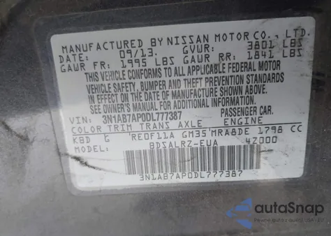 2013 Nissan Sentra Sr z USA, uszkodzony, nr VIN 3N1AB7AP0DL777387